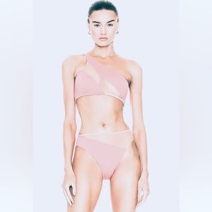 Norma Kamali Snake Mesh Bikini Set Bra Bottom Blush Pink Nude Sheer L 8